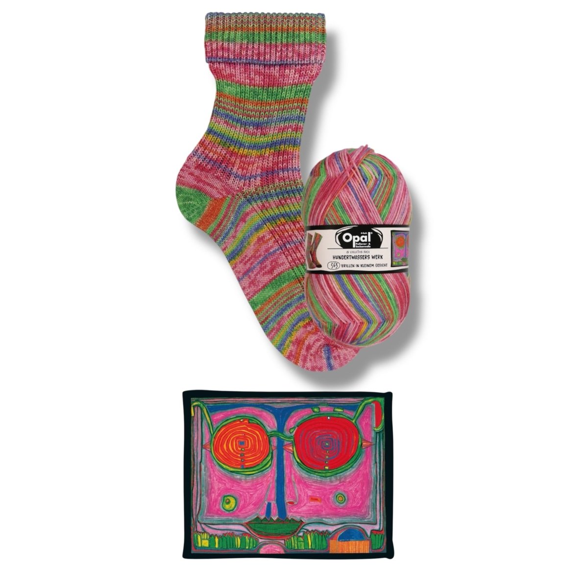 Opal SOCKENWOLLE NACH HUNDERTWASSER - BONIFAKTUR - 4051 Brillen in kleinem Gesicht - in Variation nach Hundertwasser - Werk 563 - Opal SOCKENWOLLE NACH HUNDERTWASSER