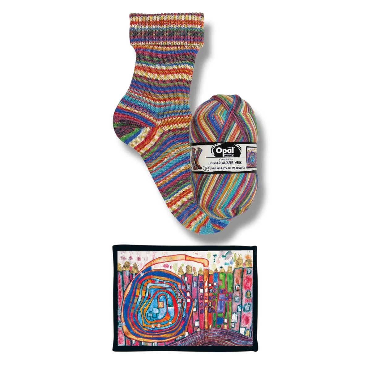 Opal SOCKENWOLLE NACH HUNDERTWASSER - BONIFAKTUR - 4055 Who has eaten all my windows - in Variation nach Hundertwasser - Werk 970 - Opal SOCKENWOLLE NACH HUNDERTWASSER